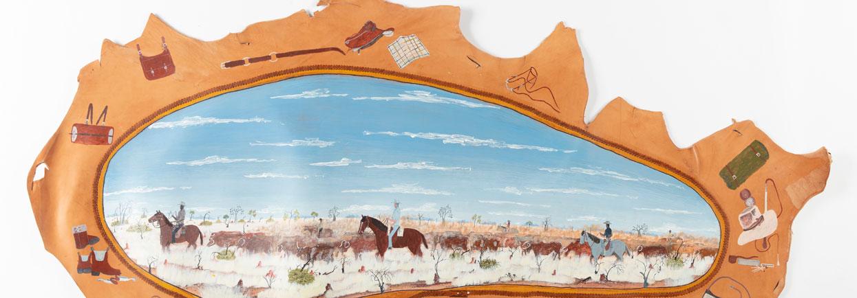 John (Johnny) Nargoodah Life on a muster 2018. Synthetic polymer and leather ink on stamped cow hide, 92 x 199 cm. Courtesy Mangkaja Arts Resource Agency.