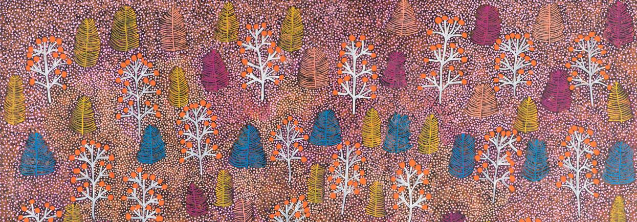Jill Churnside Country in bloom 2017 (detail). Synthetic polymer paint on canvas, 87.8 x 166.4 cm (painting) 90.8 x 169 cm (framed). State Art Collection, Art Gallery of Western Australia. Gift of Rio Tinto, 2017.