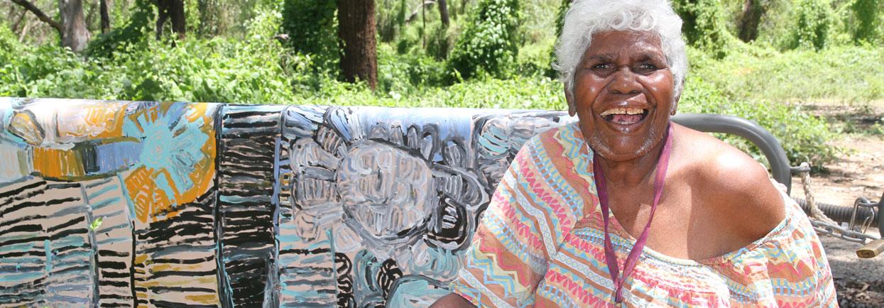 Sonia Kurarra at Danggu Geikie Gorge with artwork Noonkanbah Highway 2018 (detail).